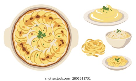 A delectable spread featuring a golden-brown potato gratin alongside various pasta preparations and creamy sauces, perfect for a hearty meal.