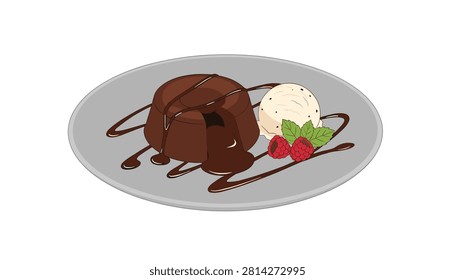 Delectable warm chocolate lava cake with a scoop of vanilla ice cream and fresh raspberries served on a grey ceramic plate.