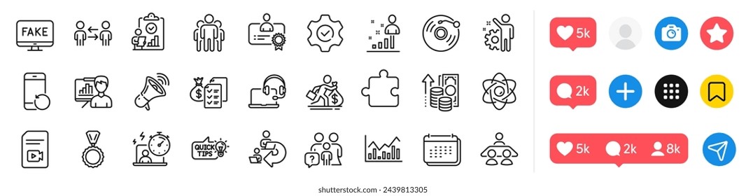 Delegate work, Presentation board and Stats line icons pack. Social media icons. Group, Infochart, Megaphone web icon. Certificate, Execute, Inflation pictogram. Vector