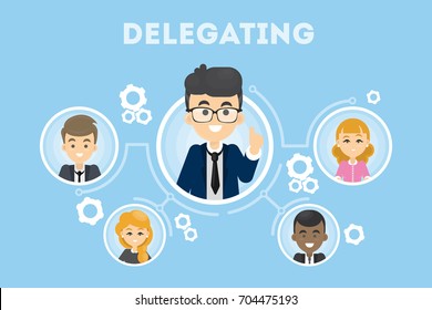 Delegating business illustration. Idea of business oragnization and communication.