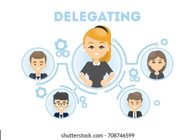 Delegating business illustration. Idea of business oragnization and communication. Woman leader.