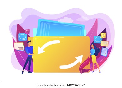 Delegating duties and responsibilities to colleagues. Job sharing, alternative work schedule, collaborative employment, division of a job concept. Bright vibrant violet vector isolated illustration