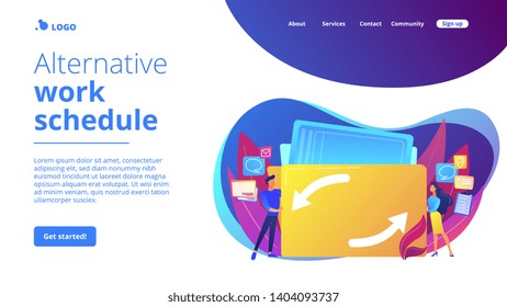 Delegating duties and responsibilities to colleagues. Job sharing, alternative work schedule, collaborative employment, division of a job concept. Website homepage landing web page template.