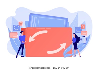 Delegating duties and responsibilities to colleagues. Job sharing, alternative work schedule, collaborative employment, division of a job concept. Pink coral blue vector isolated illustration