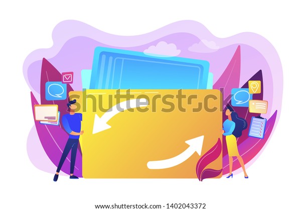 Delegating duties and responsibilities to\
colleagues. Job sharing, alternative work schedule, collaborative\
employment, division of a job concept. Bright vibrant violet vector\
isolated\
illustration