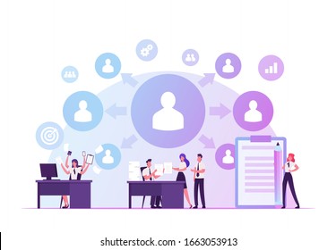 Delegation of Authority Concept. Overload Business Woman Delegate Tasks to Employees. Office People Share Work, Create Stable Structure of Professional Management. Cartoon Flat Vector Illustration