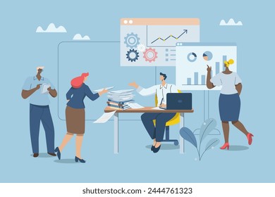 Delegation of business teams, Effective organization of work, Planning and allocation of duties, Leaders or managers transfer work to responsible employees, Vector design illustration.