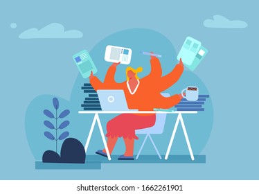 Delegation of Charges and Multitasking. Busy Woman with Many Hands Sitting at Workplace with Laptop Holding Stationery, Working Tools, Coffee Cup and Paper Documents. Cartoon Flat Vector Illustration