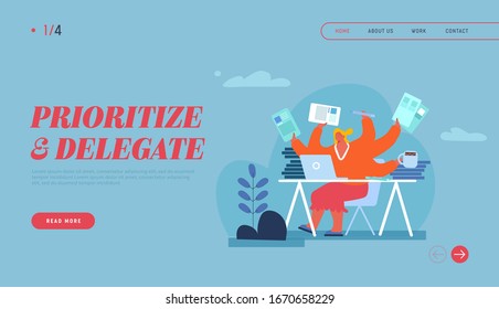 Delegation of Charges and Multitasking Landing Page Template. Busy Woman Character with Many Hands Sitting at Workplace with Laptop Holding Stationery and Working Tools. Cartoon Vector Illustration