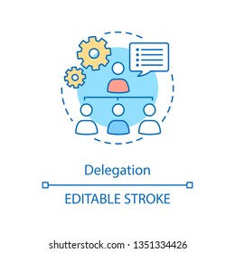 Delegation concept icon. Duties distribution. Leadership. Teamwork. Organization structure. Staff management idea thin line illustration. Vector isolated outline drawing. Editable stroke