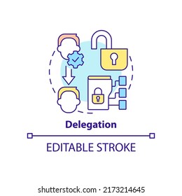 Delegation Concept Icon. Identity Management Capability Abstract Idea Thin Line Illustration. System Modifications. Isolated Outline Drawing. Editable Stroke. Arial, Myriad Pro-Bold Fonts Used