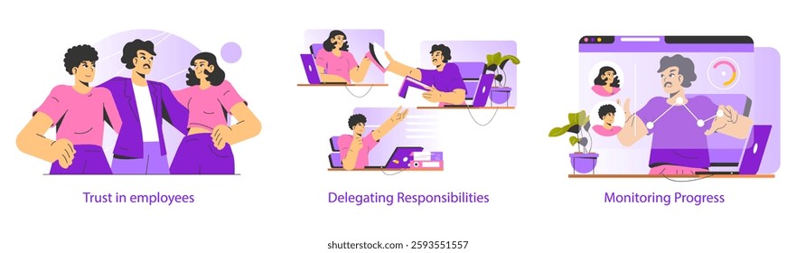 Delegation concept in workplace settings. Illustrates trust in employees, effective task delegation, and monitoring progress. This emphasizes teamwork, communication, and productivity in professional
