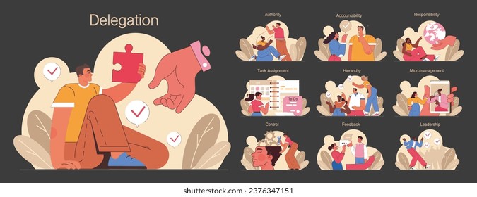 Delegation dark or night mode set. Task assignment and control. Leader or manager transferring a task to a responsible employee. Effective business management. Flat vector illustration