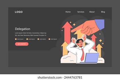 Delegation dark or night mode web, landing. Stressed employee. Boss hand assign and control a task. Manager transferring a task to a worker. Effective business management. Flat vector illustration