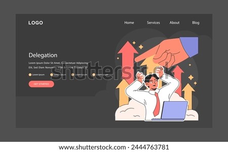Delegation dark or night mode web, landing. Stressed employee. Boss hand assign and control a task. Manager transferring a task to a worker. Effective business management. Flat vector illustration
