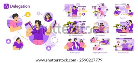 Delegation illustration highlighting essential workplace concepts. It covers feedback collection, task selection, trust building, and supervision practices. Key to effective management and team