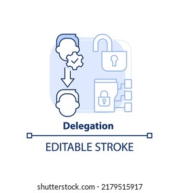 Delegation Light Blue Concept Icon. Identity Management Abstract Idea Thin Line Illustration. System Modifications. Isolated Outline Drawing. Editable Stroke. Arial, Myriad Pro-Bold Fonts Used