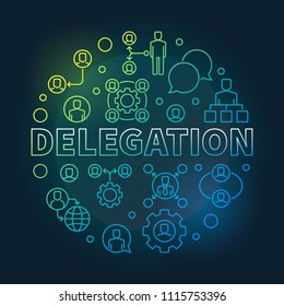 Delegation round colored illustration. Vector circular sign made with delegating linear icons on dark background