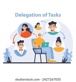 Delegation of Tasks concept. Optimizing team dynamics by assigning responsibilities. Efficient workflow through shared workload. Flat vector illustration.