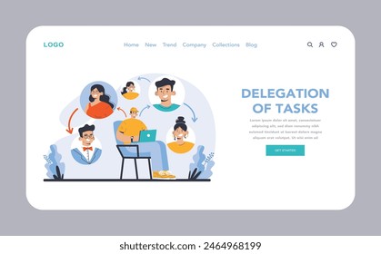 Delegation of Tasks web or landing page. Optimizing team dynamics by assigning responsibilities. Efficient workflow through shared workload. Flat vector illustration.