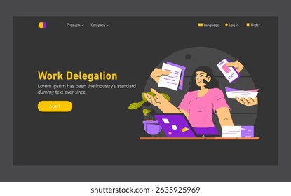 Delegation in a work environment aims to distribute tasks effectively among team members. This illustration shows a professional managing multiple responsibilities with a focus on organized