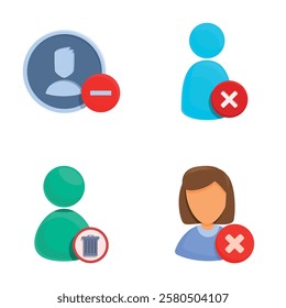 Delete account icons set cartoon vector. Account cannot be accessed or used. Social community