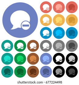 Delete blog comment multi colored flat icons on round backgrounds. Included white, light and dark icon variations for hover and active status effects, and bonus shades on black backgounds.