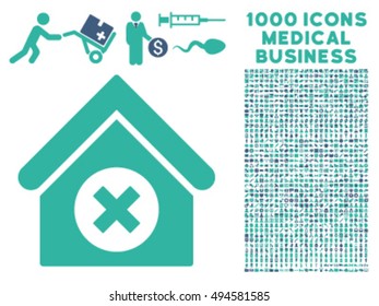 Delete Building icon with 1000 medical commercial cobalt and cyan vector pictographs. Set style is flat bicolor symbols, white background.