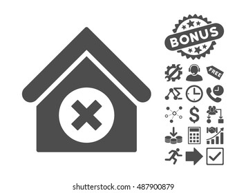 Delete Building icon with bonus pictogram. Vector illustration style is flat iconic symbols, gray color, white background.