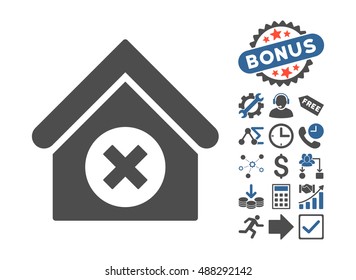 Delete Building pictograph with bonus pictogram. Vector illustration style is flat iconic bicolor symbols, cobalt and gray colors, white background.