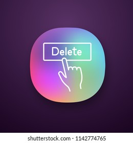 Delete button click app icon. UI/UX user interface. Del. Hand pressing button. Web or mobile applications. Vector isolated illustration