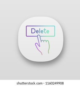 Delete button click app icon. Del. Hand pressing button. UI/UX user interface. Web or mobile application. Vector isolated illustration