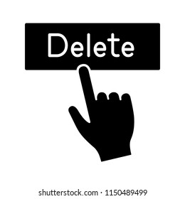 Delete button click glyph icon. Silhouette symbol. Del. Hand pressing button. Negative space. Vector isolated illustration