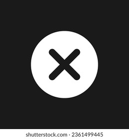 Delete button dark mode glyph ui icon. Alert error. Menu command. User interface design. White silhouette symbol on black space. Solid pictogram for web, mobile. Vector isolated illustration