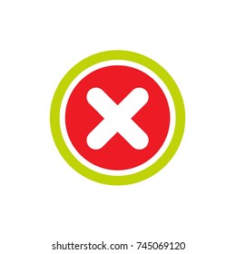 Delete button in red and green circle. Warning error icon. Flat vector icon isolated on white.  Cancel seal stamp watermark. Flat round X mark.