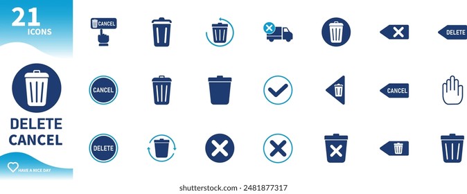 Delete and cancel icon. Set of trash can icons, x sign, delete button, cancel button,... 