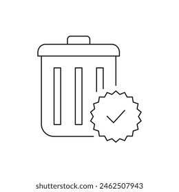 Borrar completado. Papelera con marca de verificación de estilo de línea de icono aislado sobre fondo blanco. Ilustración vectorial