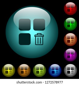 Delete component icons in color illuminated spherical glass buttons on black background. Can be used to black or dark templates