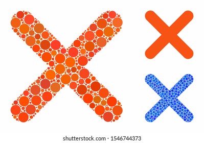 Delete composition of filled circles in different sizes and color hues, based on delete icon. Vector filled circles are grouped into blue composition. Dotted delete icon in usual and blue versions.