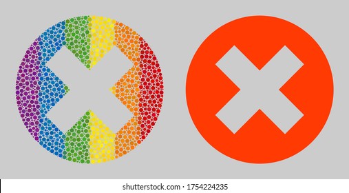 Delete composition icon of round dots in variable sizes and spectrum colored color tints. A dotted LGBT-colored Delete for lesbians, gays, bisexuals, and transgenders.