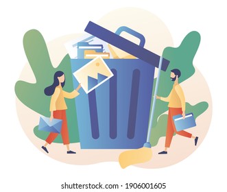 Delete concept. Cleaning digital memory. Tiny people deleting file and move unnecessary files to the big trash bin. Modern flat cartoon style. Vector illustration on white background