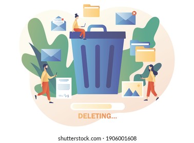 Delete concept. Cleaning digital memory. Tiny people deleting data and move unnecessary files to the big trash bin. Modern flat cartoon style. Vector illustration on white background