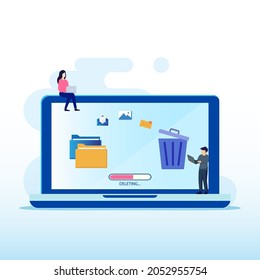 Delete concept. Cleaning digital memory. People character deleting data and move unnecessary files to the trash bin. Flat vector template Style Suitable for Web Landing Page.