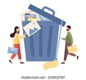 Delete concept. Cleaning digital memory. People deleting file and move unnecessary files to big trash bin. Vector flat illustration