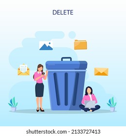 Delete concept. deleting data and move unnecessary files to the trash bin. illustration vector