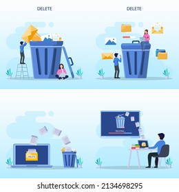 Delete concept. deleting data and move unnecessary files to the trash bin. illustration vector	