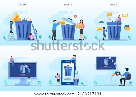 Delete concept. deleting data and move unnecessary files to the trash bin. illustration vector