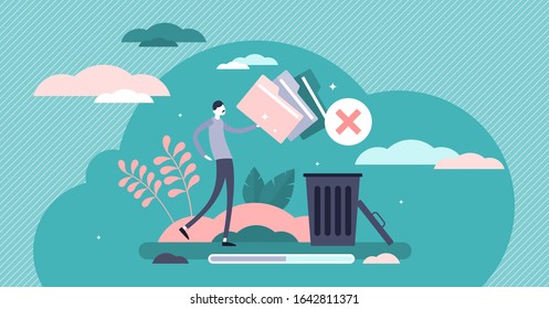 Delete Concept, Flat Tiny Person Vector Illustration. Move Unnecessary Files To The Trash Bin. Eliminating Waste And Cleaning Storage App. Document, Junk Container And File Document Folder Symbols.