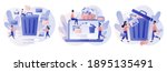 Delete concept. Tiny people deleting data and move unnecessary files to the trash bin. Modern flat cartoon style. Vector illustration on white background