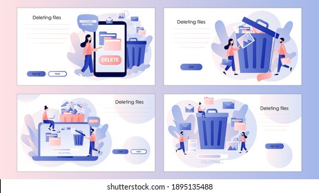 Delete concept. Tiny people deleting data and move unnecessary files to the trash bin. Screen template for mobile smart phone, landing page, template,ui, web, mobile app, poster, banner, flyer. Vector